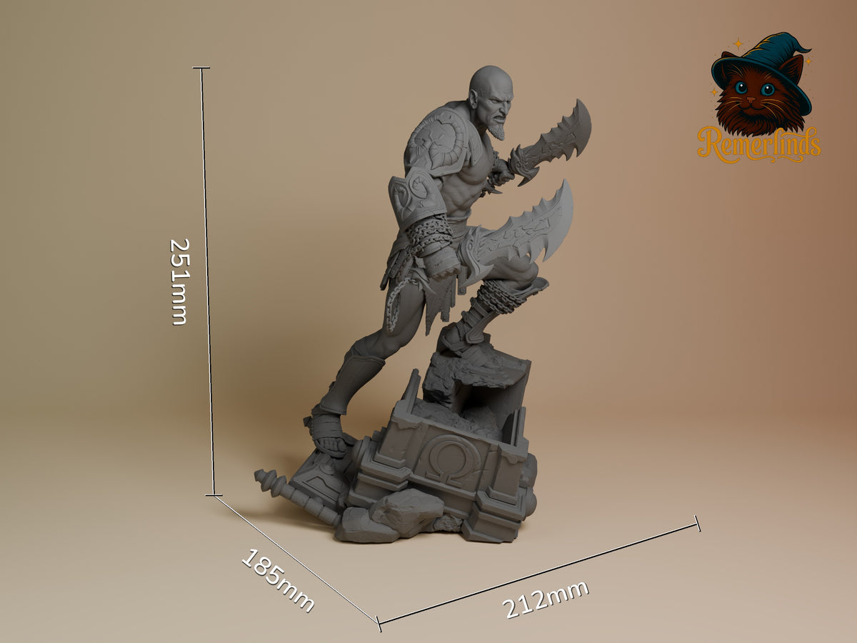 Kratos from God of War is an unpainted resin figure in a side pose with blades and a sculpted base.