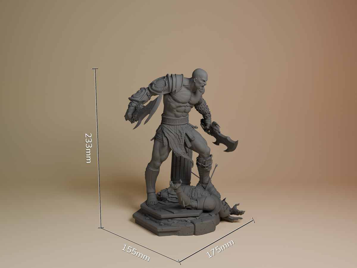Kratos resin figure shown at 233mm height with axes and armor detail, standing over fallen enemy on textured base, unpainted gray finish.