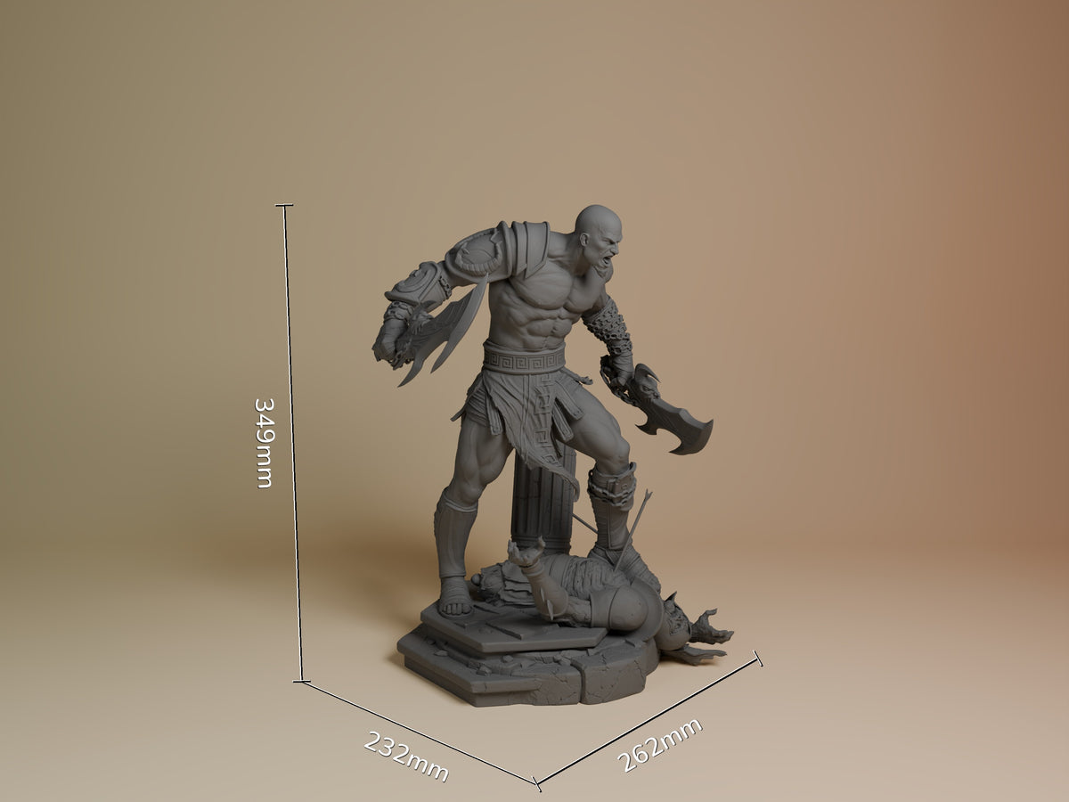 Kratos resin figure shown at 349mm height with axes and armor detail, unpainted gray finish, standing over defeated enemy on textured base.
