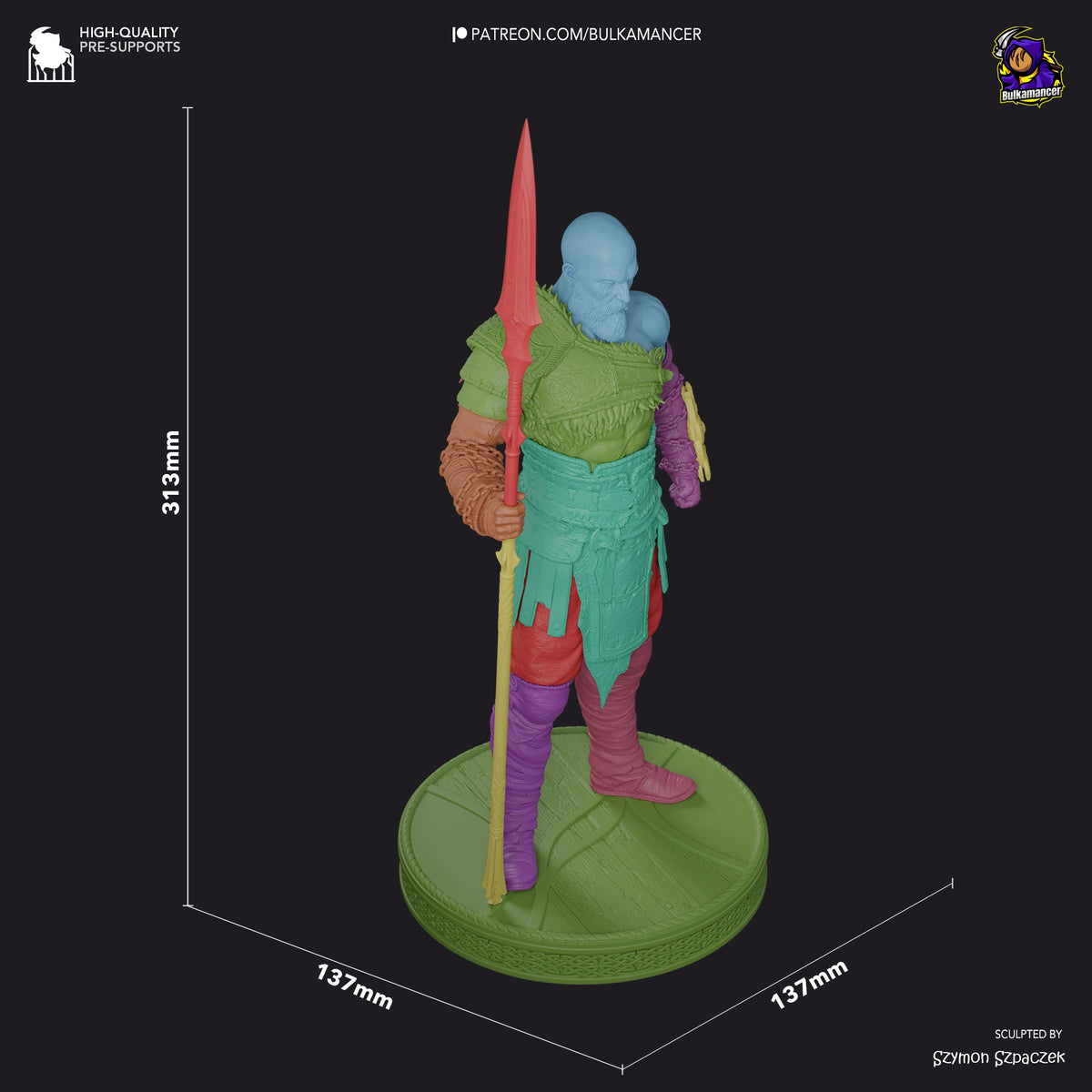 Kratos resin figure from God of War shown at 313mm height on circular base, painted in vibrant colors, holding his iconic red sword, front-facing pose with scale dimensions displayed.