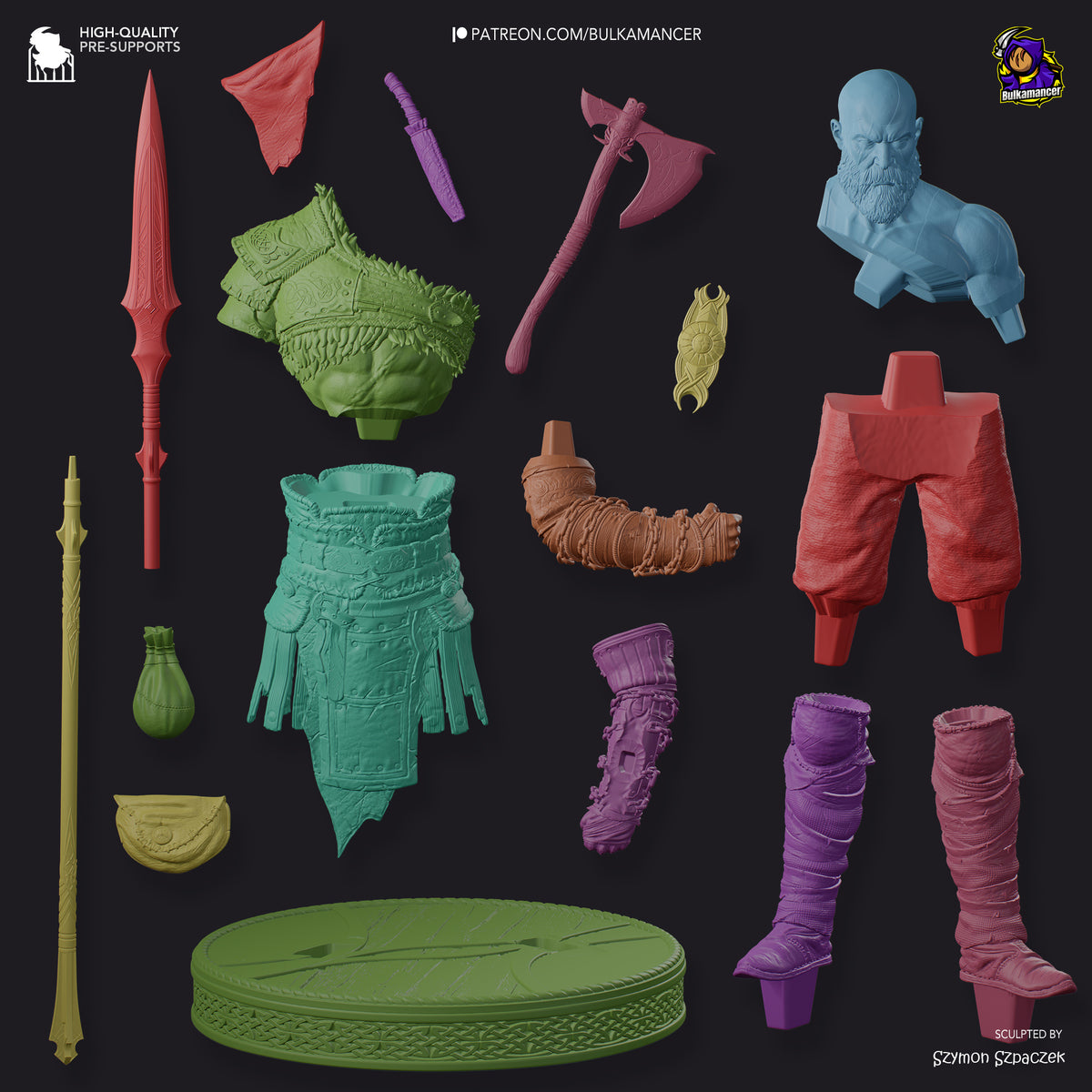 Disassembled Kratos resin figure parts laid flat showing painted blue head, red armor pieces, weapons, and green display base against black background.