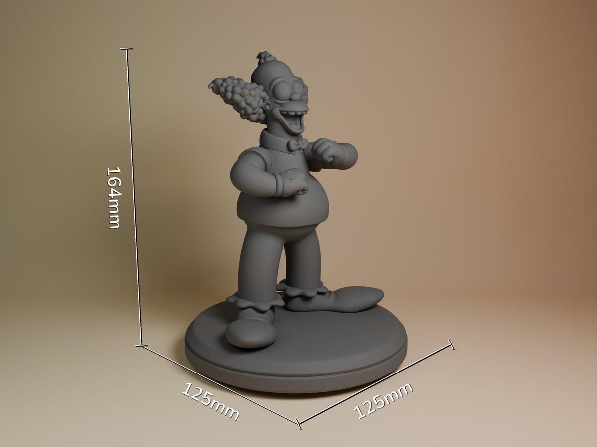 Cackles the Clown resin figure shown at 164mm height on 125mm square base, unpainted gray prototype in three-quarter view with arms posed outward.