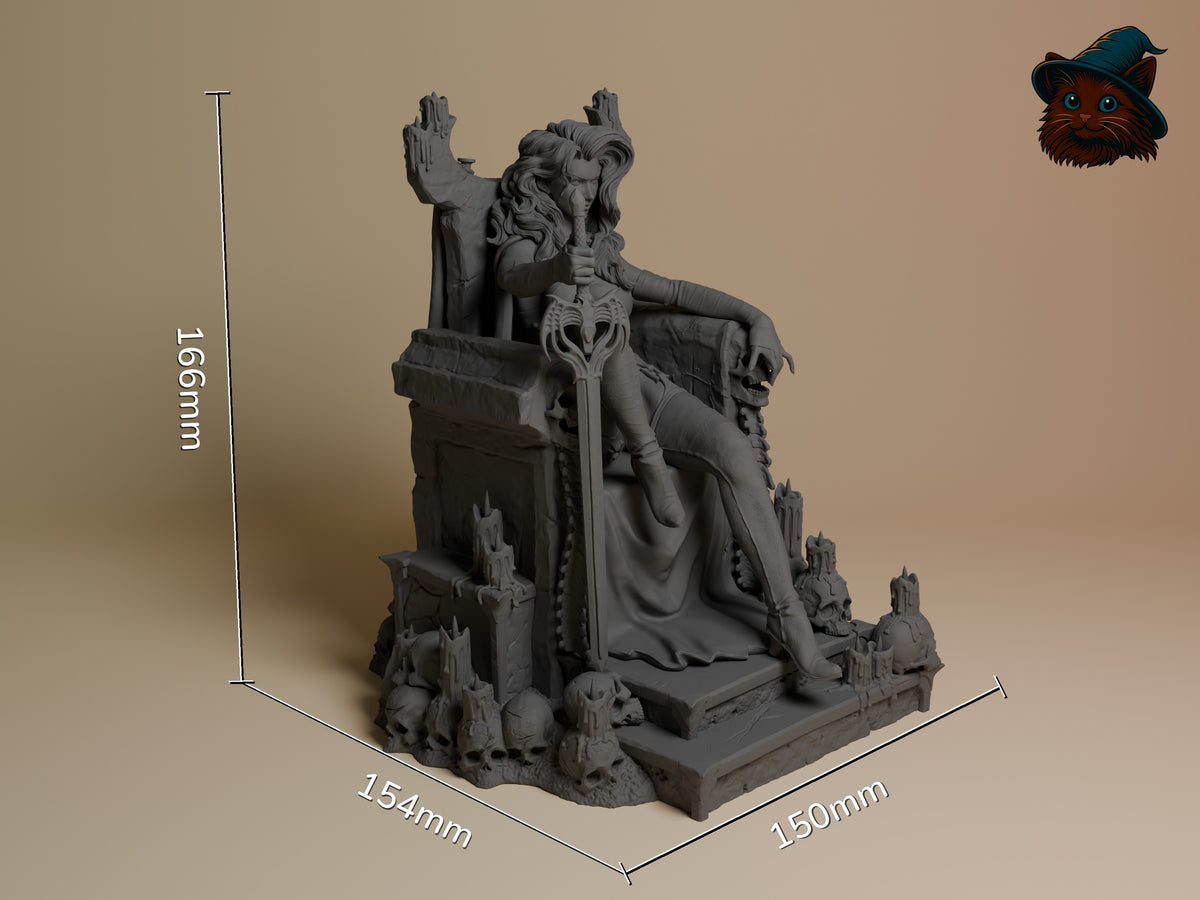 Lady Death resin figure seated on a throne, shown unpainted with sculpted skull base and dimensions.