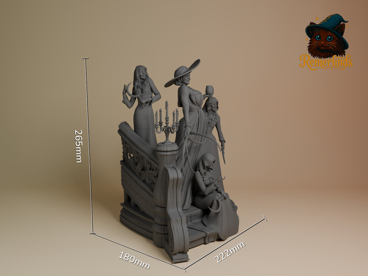 Lady Dimitrescu from Resident Evil is an unpainted resin figure in angled view on sculpted base.