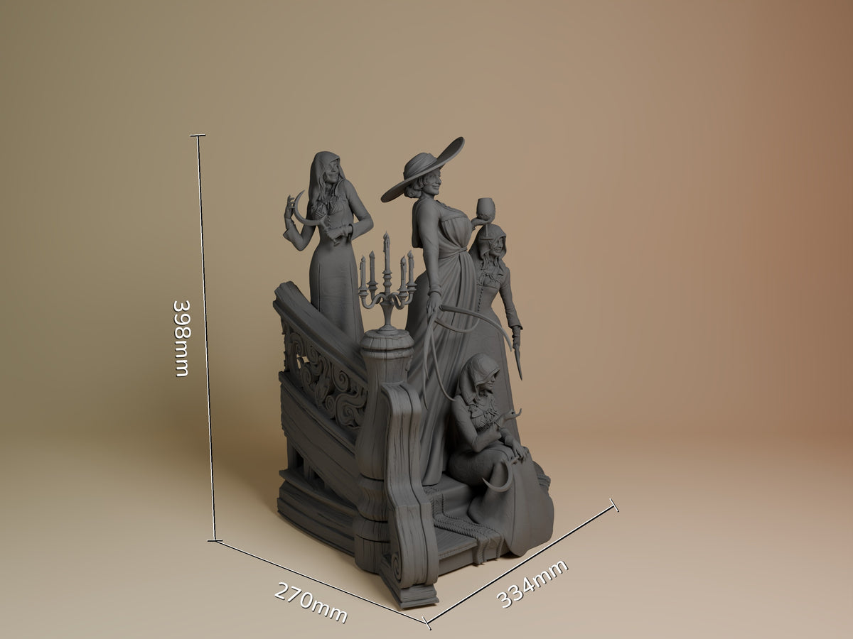 Unpainted Lady Dimitrescu from Resident Evil resin figure stands with three daughters on a sculpted base.