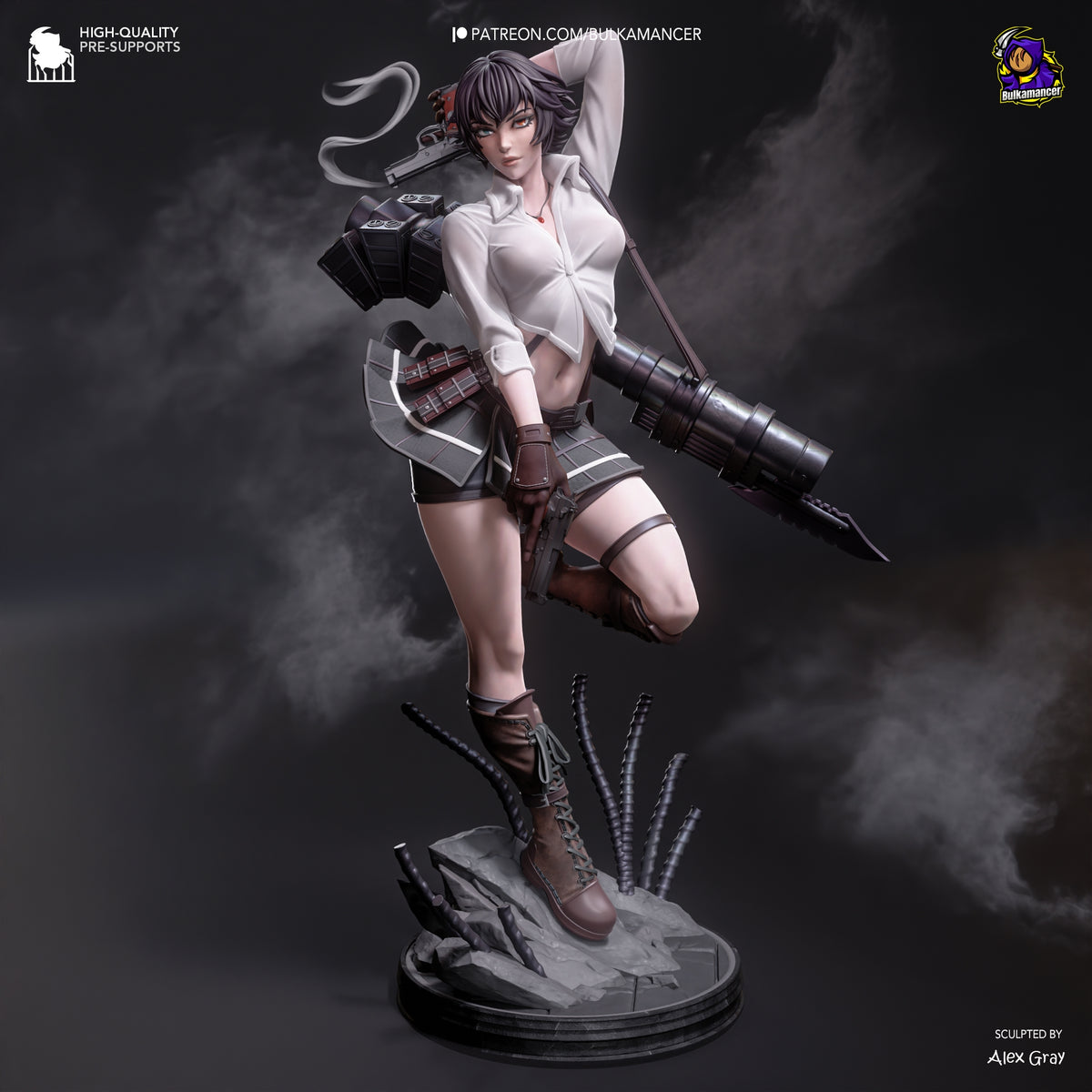Painted Lady resin figure from Devil May Cry 3 is angled, posed with guns on a sculpted base.