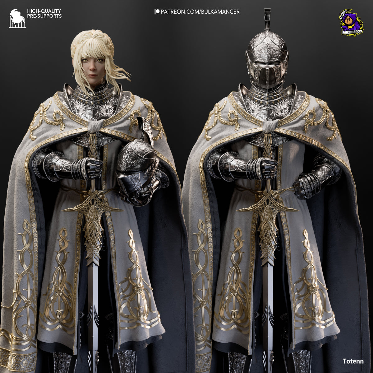 Leda resin figure from Elden Ring shown front and back, fully painted in gold-trimmed armor and cape, holding staff and axe.