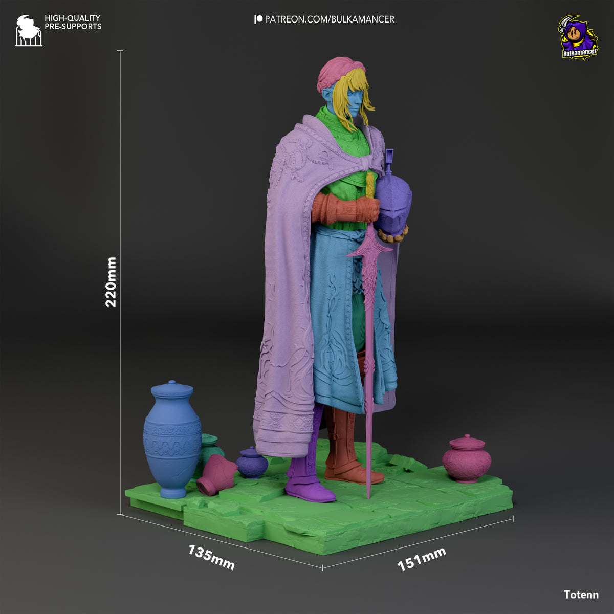 Leda resin figure from Elden Ring shown at 220mm height, painted in vibrant colors, standing on green base with accessories and decorative pots.