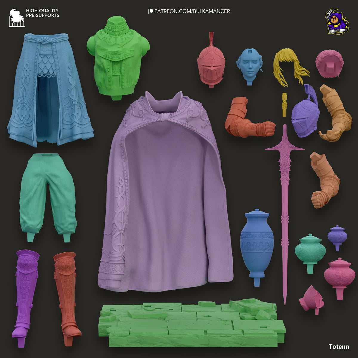 Unpainted resin figure parts for Leda from Elden Ring displayed on dark background, including clothing, armor, head, hair, weapons, accessories, and base pieces.