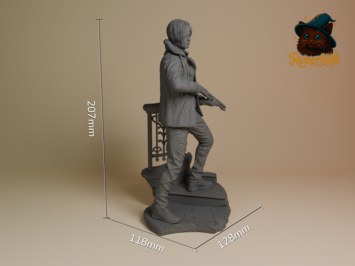 Leon Scott Kennedy from Resident Evil is an unpainted resin figure in profile with a rifle on a sculpted base.