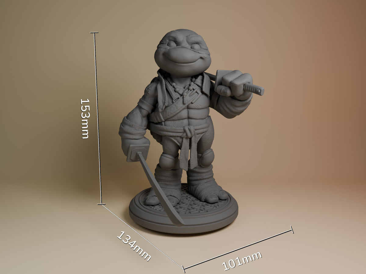 Blue Blade Ninja Shellguard resin figure shown at 153mm height with katana and shuriken, unpainted gray resin on circular base.