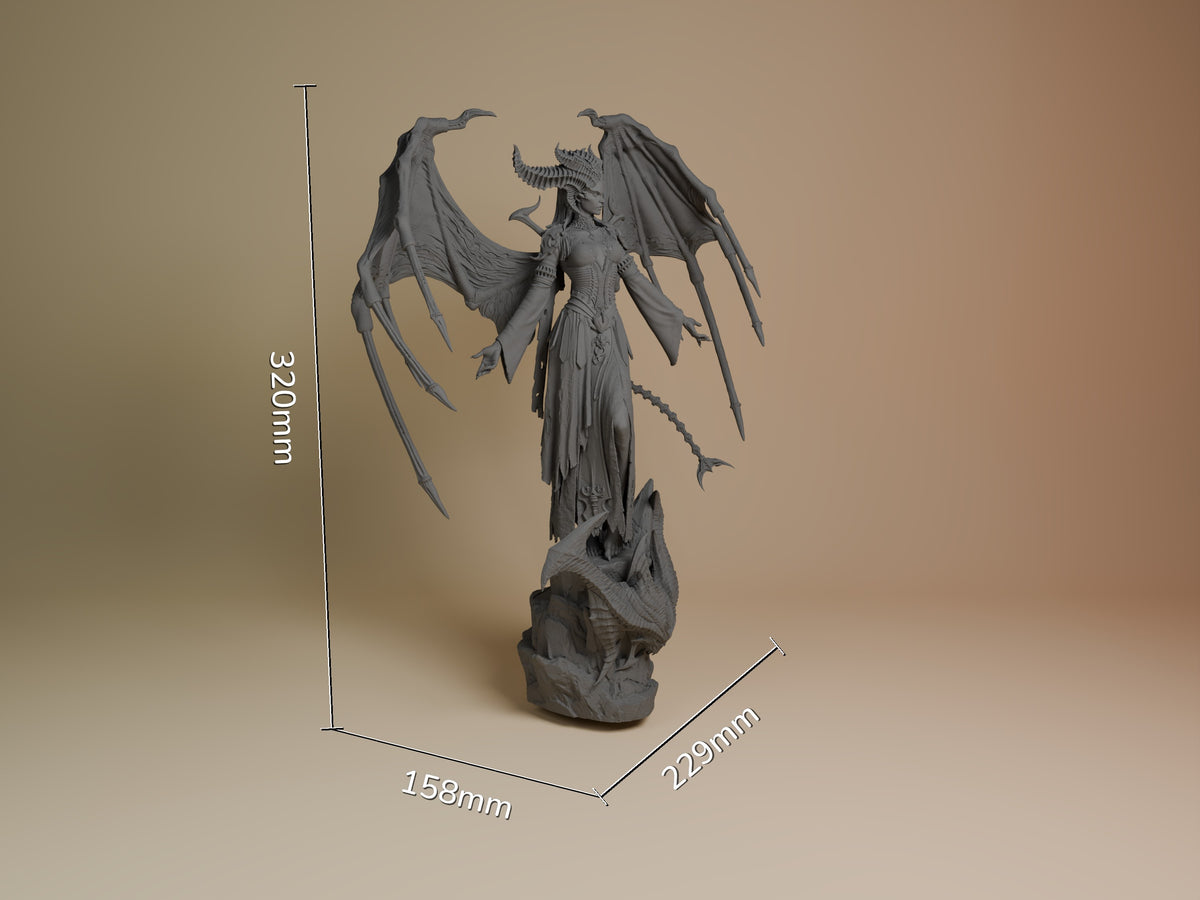 Lilith from Diablo is an unpainted gray resin figure with wings and horns on a sculpted base, measuring 320mm tall.