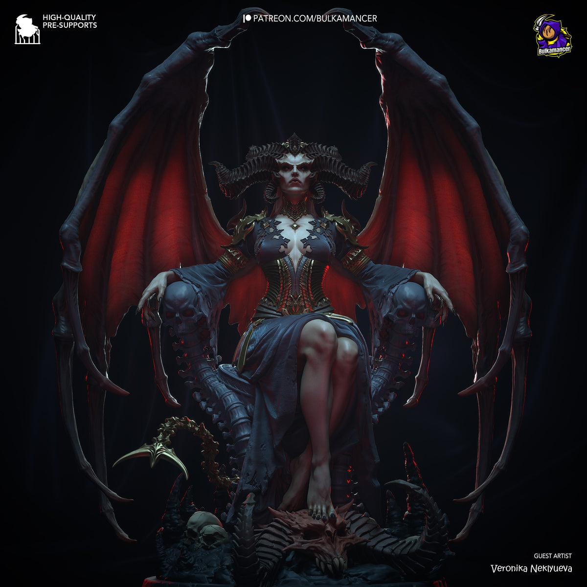 Lilith resin figure from Diablo IV seated frontally with massive demon wings spread, ornate armor and horns fully painted, mounted on detailed base.