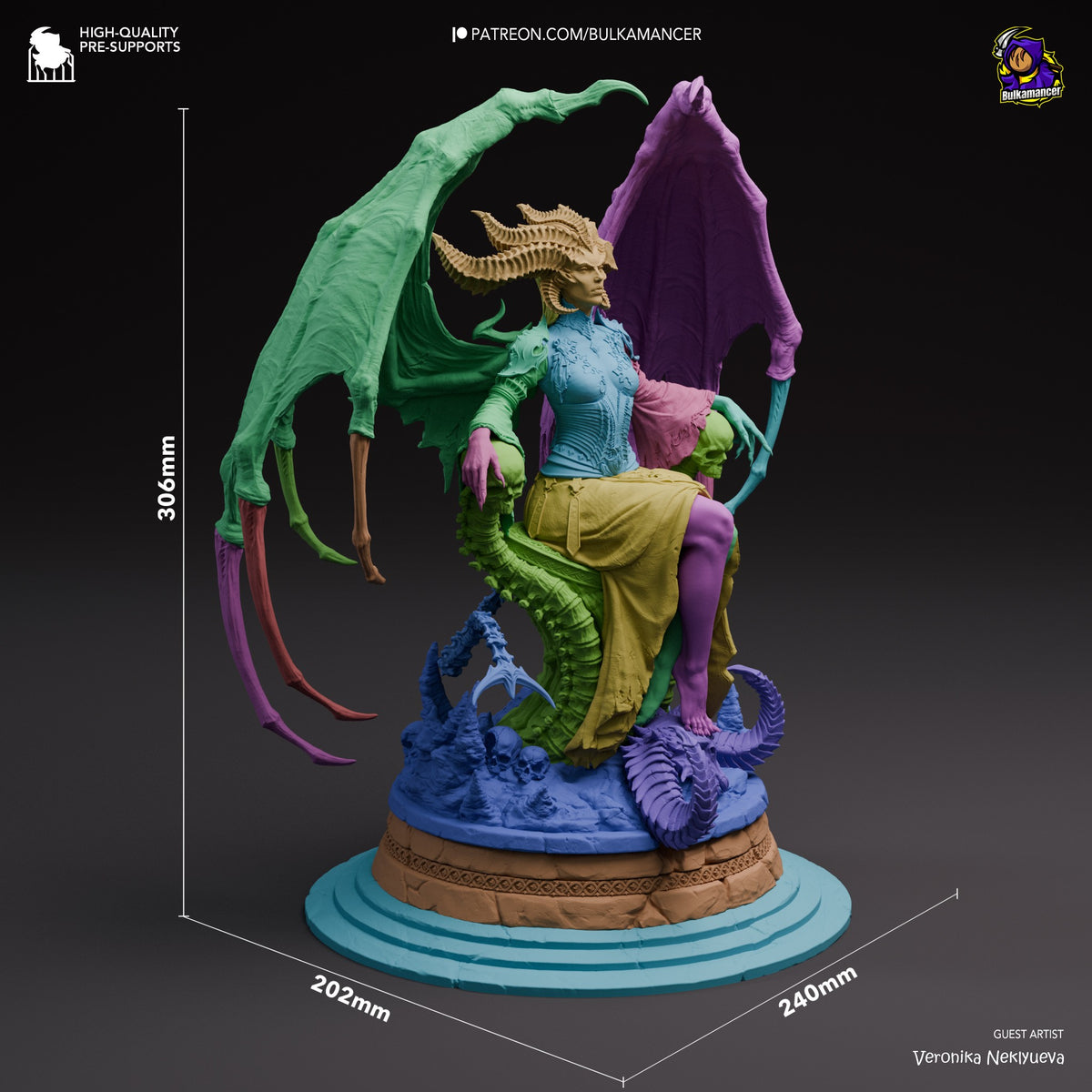 Lilith resin figure from Diablo IV shown at 306mm height with winged pose, multicolored paint detail, and textured base against scale reference.
