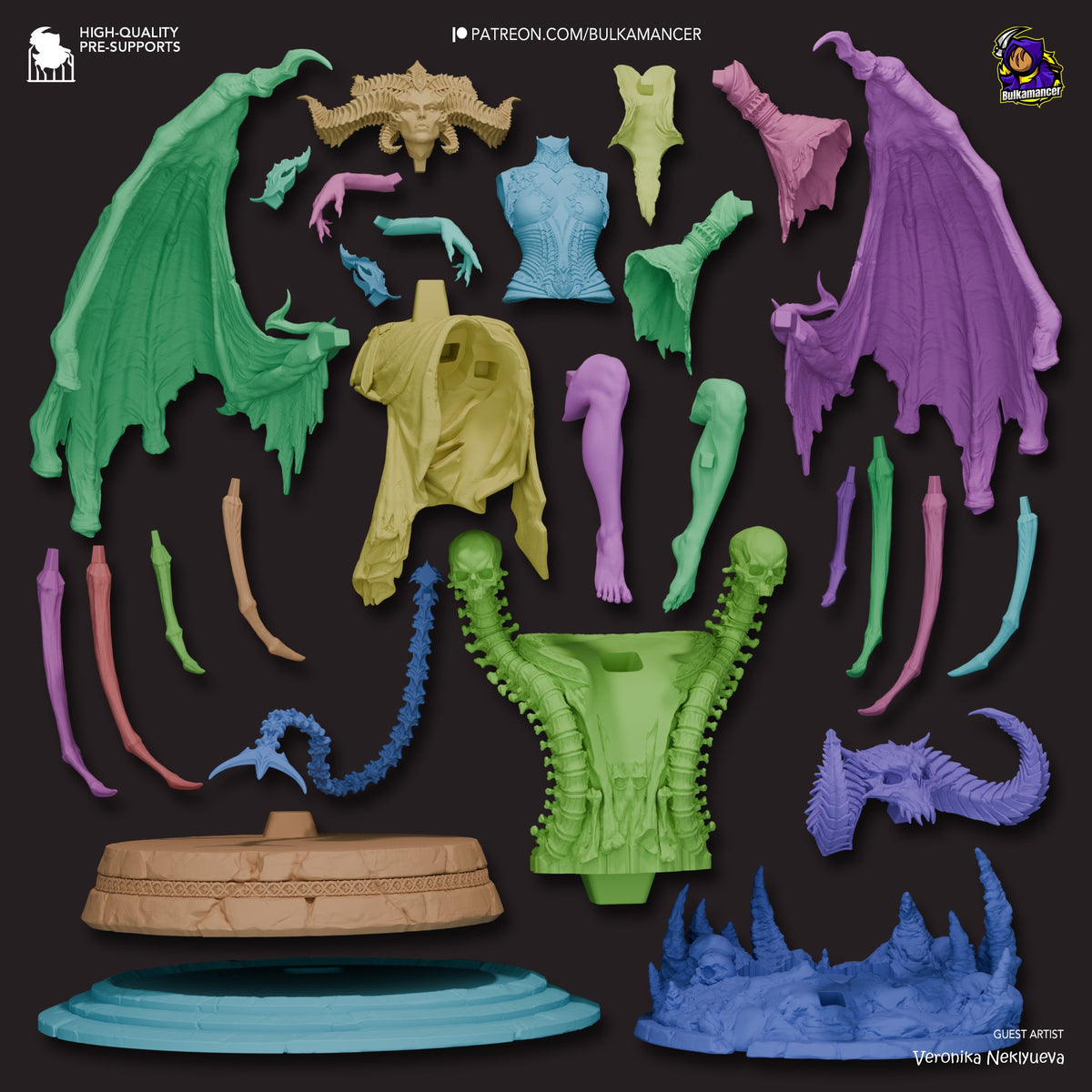 Lilith from Diablo IV resin figure parts laid out on black background, showing assembled torso and wings in green and purple, plus painted head, individual limbs, and base components.