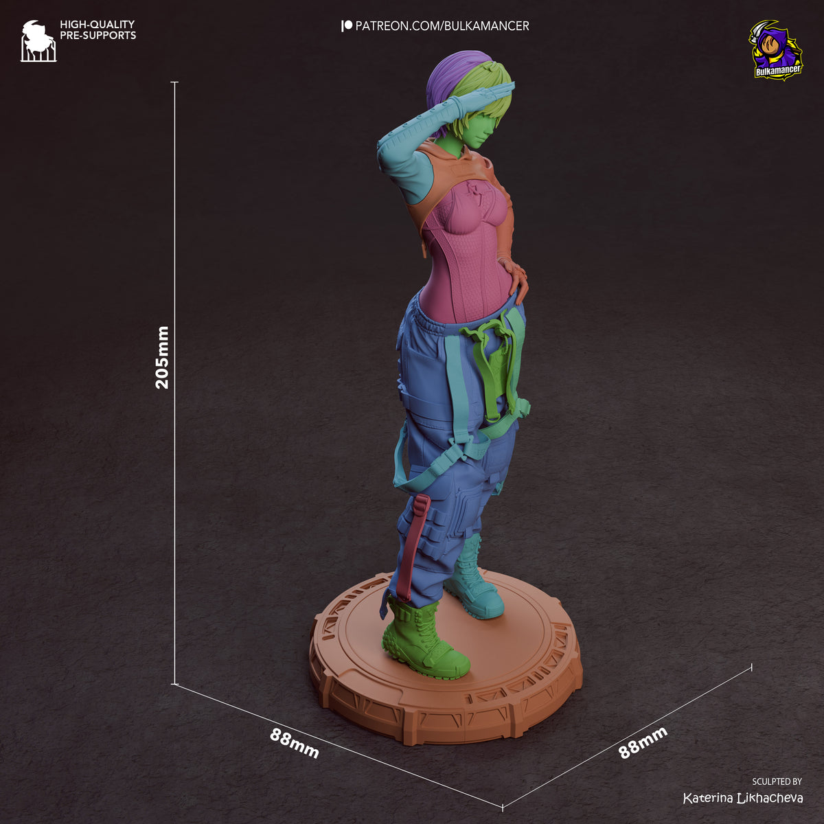 Lily from Stellar Blade poses in a painted resin figure at three-quarter angle on a sculpted base, 205mm tall.