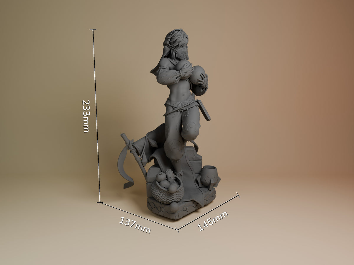 Lync from Tales of Daelz resin figure shown at scale (223mm height) from front-left angle, unpainted gray, seated pose on detailed base with curved weapon.