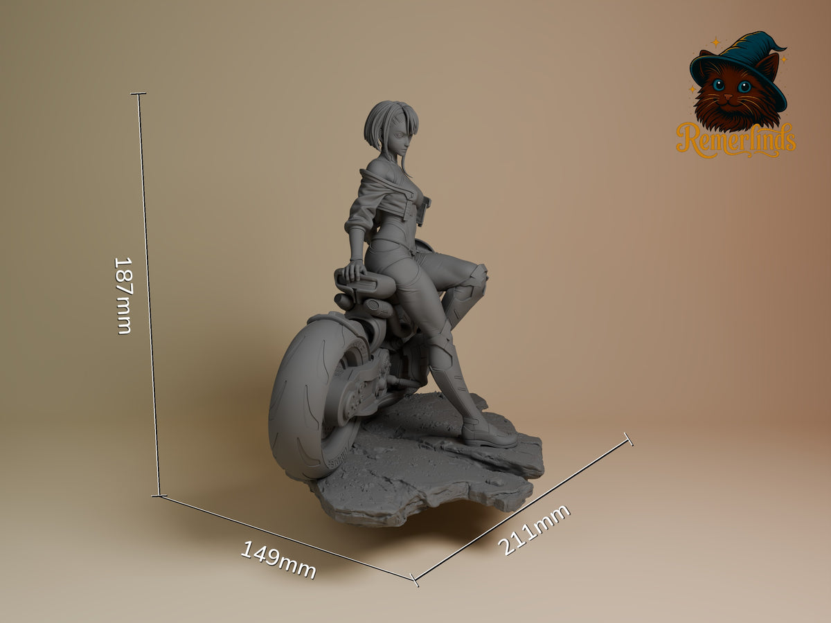 Lucy from Cyberpunk Edgerunners unpainted resin figure shown at 187x149x211mm scale, posed sitting on rocky base with mechanical arm detail.