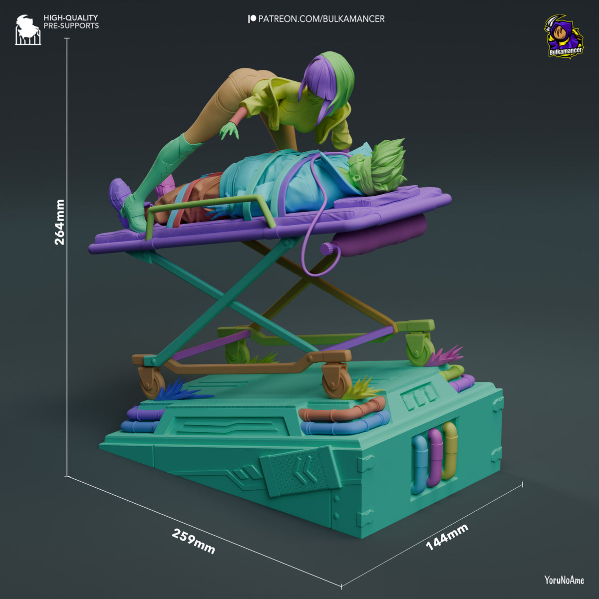 Lucy resin figure from Cyberpunk Edgerunners posed on futuristic med bay table, colorfully painted, shown at 264mm height with dimension scale.