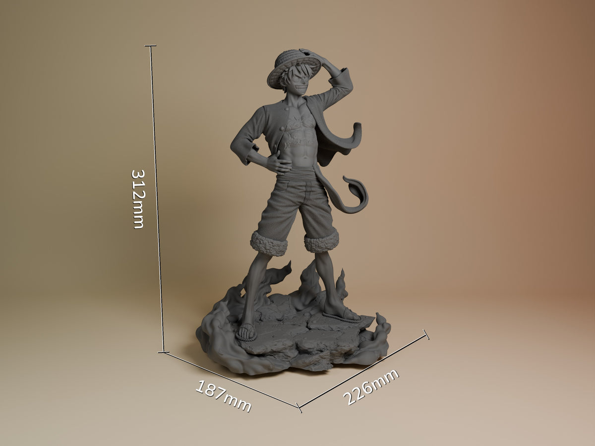Unpainted gray resin figure of Luffy from One Piece in dynamic pose with hat and coat, standing on textured base. Scale shown: 312mm height, 228x187mm base.