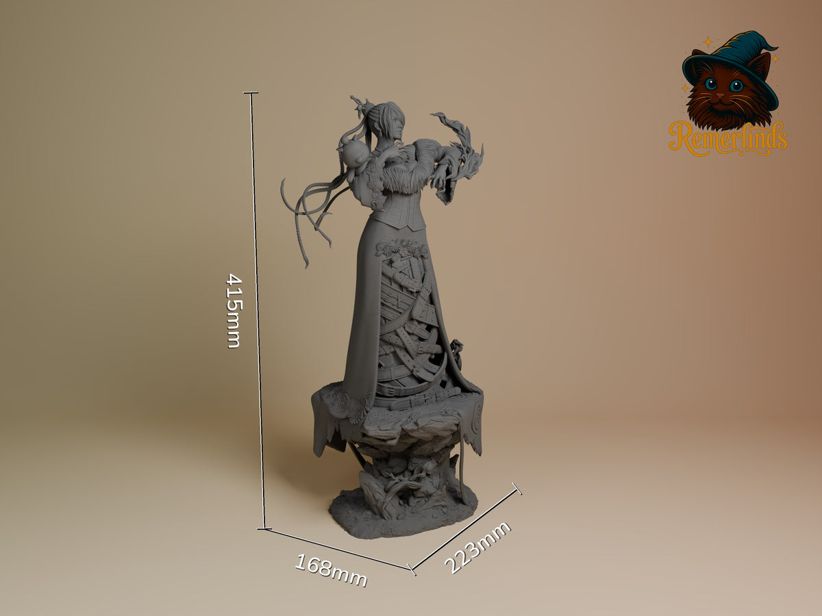 Lulu from Final Fantasy is an unpainted resin figure shown front-facing on a sculpted base, measuring 415mm tall.