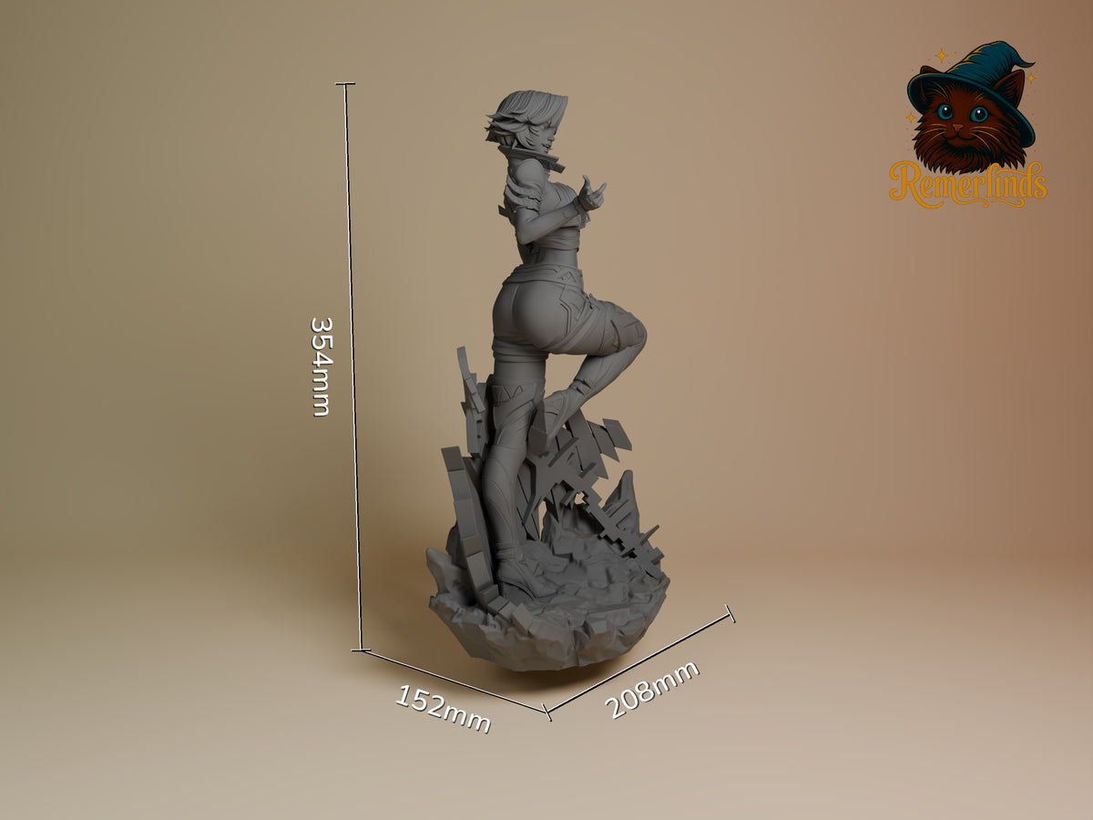 Frost Idol resin figure from Super Rivals shown at scale with dimensions 354mm height, 152mm width, 208mm depth. Unpainted gray resin statue in dynamic pose on detailed base.