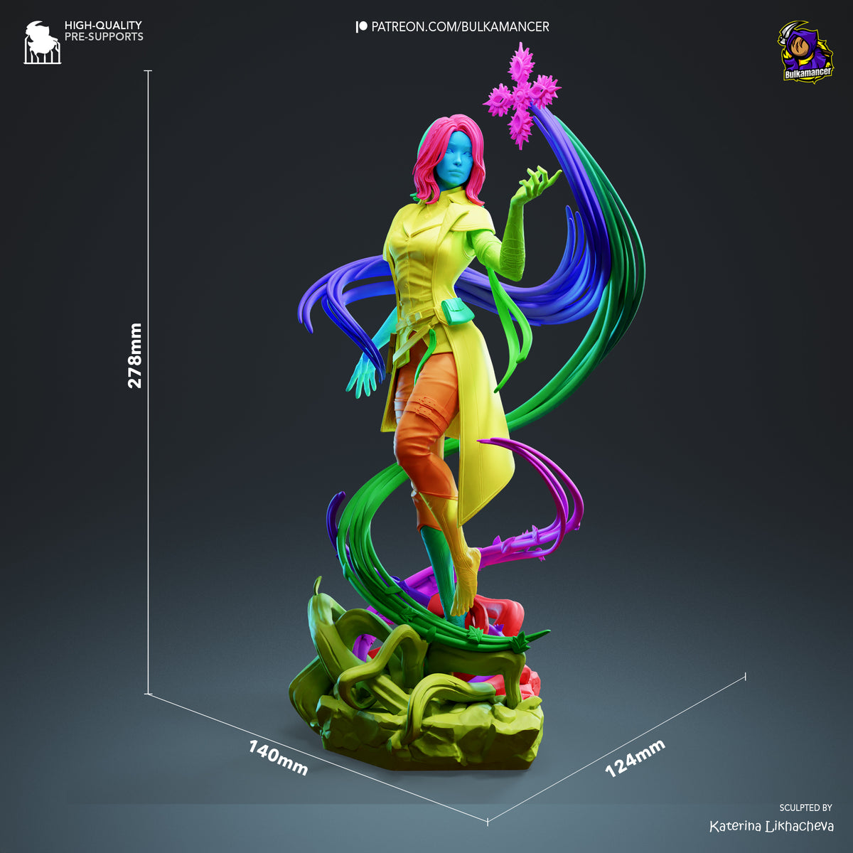 Lune from Expedition 33 resin figure shown at 278mm height, displaying vibrant multi-colored paint, dynamic pose with flowing tentacles, standing on textured base.