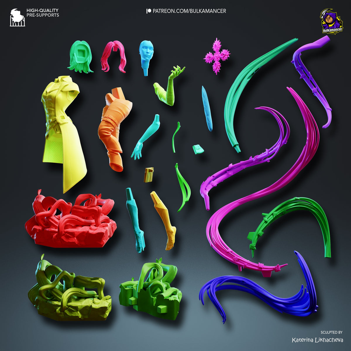 Disassembled resin figure parts for Lune from Expedition 33 displayed on dark background, including heads, torso, limbs, and colorful accessories in vibrant neon hues.