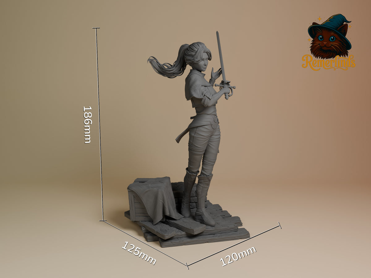 Maelle from Expedition 33 stands with a sword on a sculpted base as an unpainted resin figure.