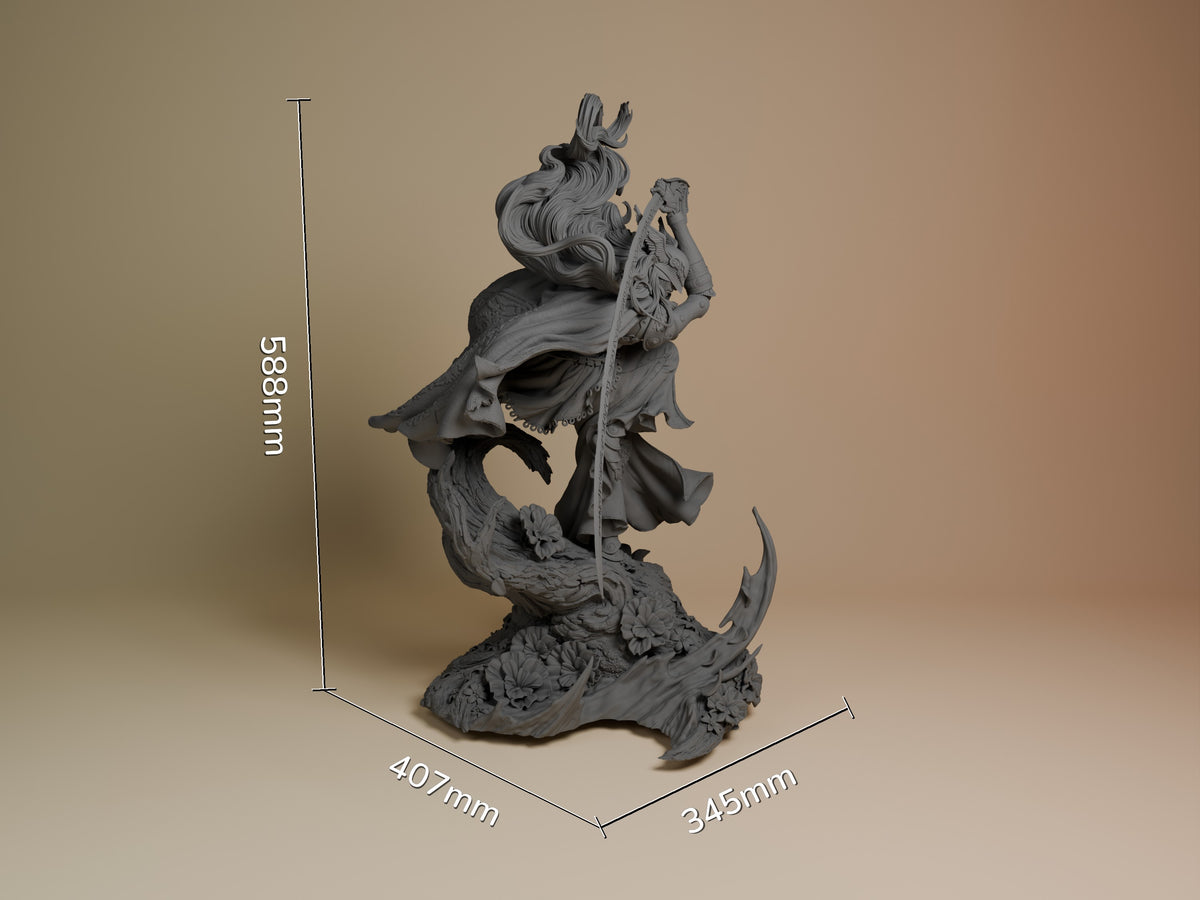 Unpainted gray resin figure of Malenia from Elden Ring shown at scale with dimensions 588mm height, 407mm depth, 345mm width, displaying detailed sculpting of her winged form and weapon.