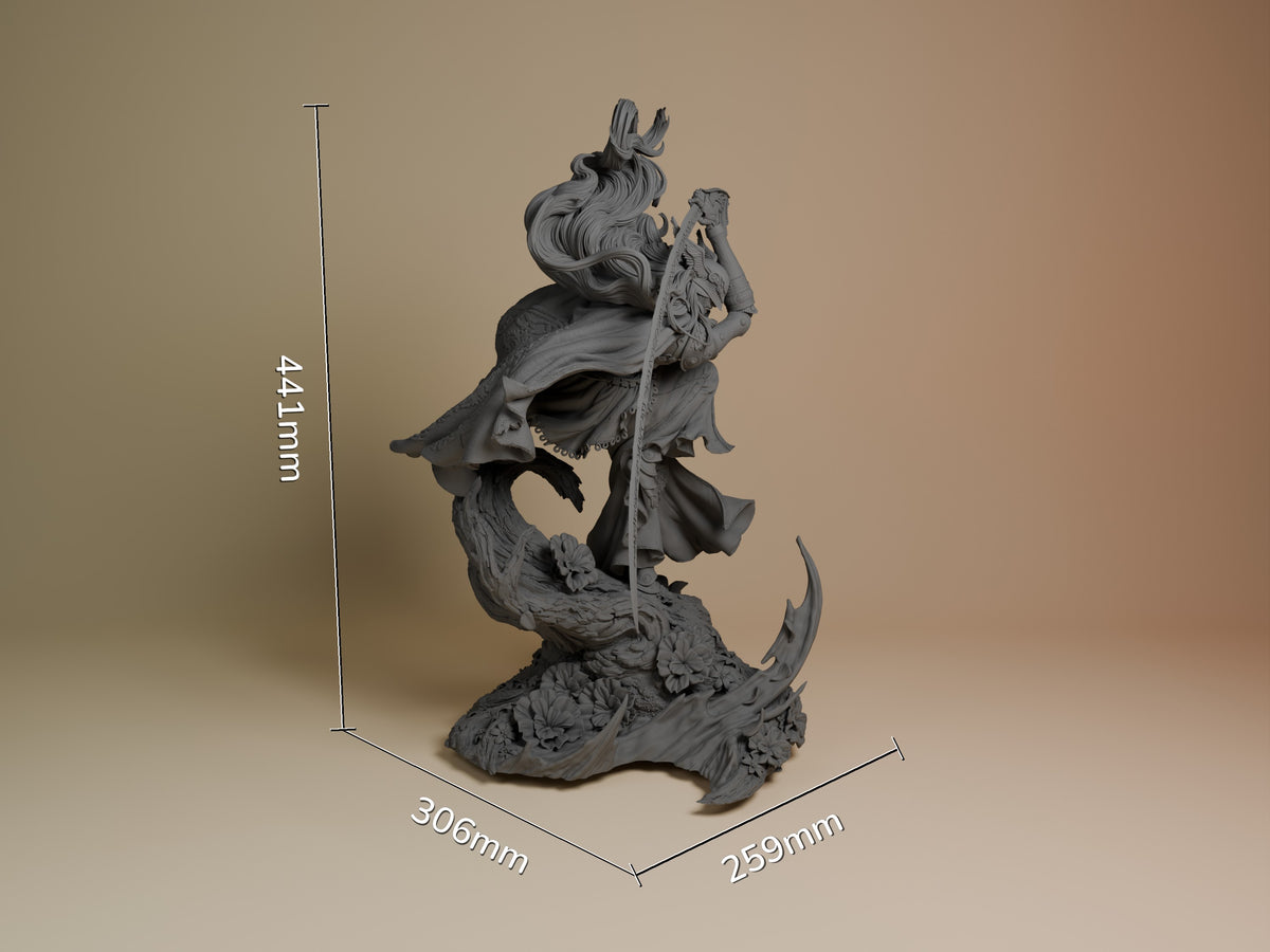 Malenia resin figure from Elden Ring shown at scale with dimensions 441mm height, 306mm depth, 259mm width. Unpainted gray resin sculpture depicts the character in dynamic pose wielding a blade atop an ornate base.