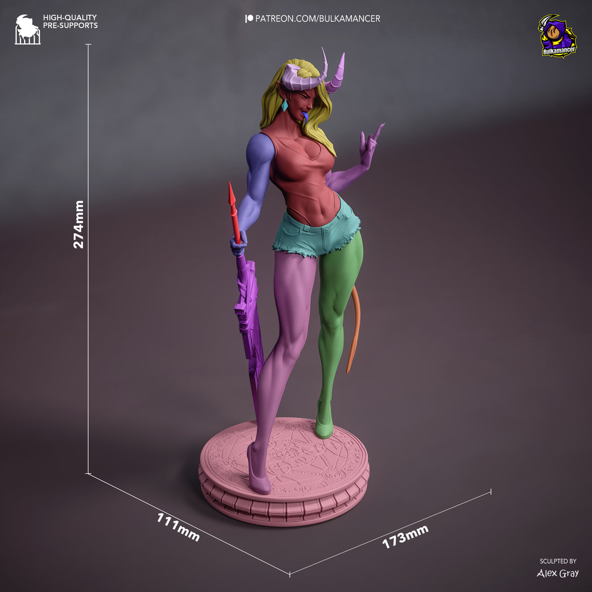 Malevola resin figure from Dispatch shown at scale (274mm height), side profile pose holding staff and weapon, painted in purple, pink, and green tones on circular base.