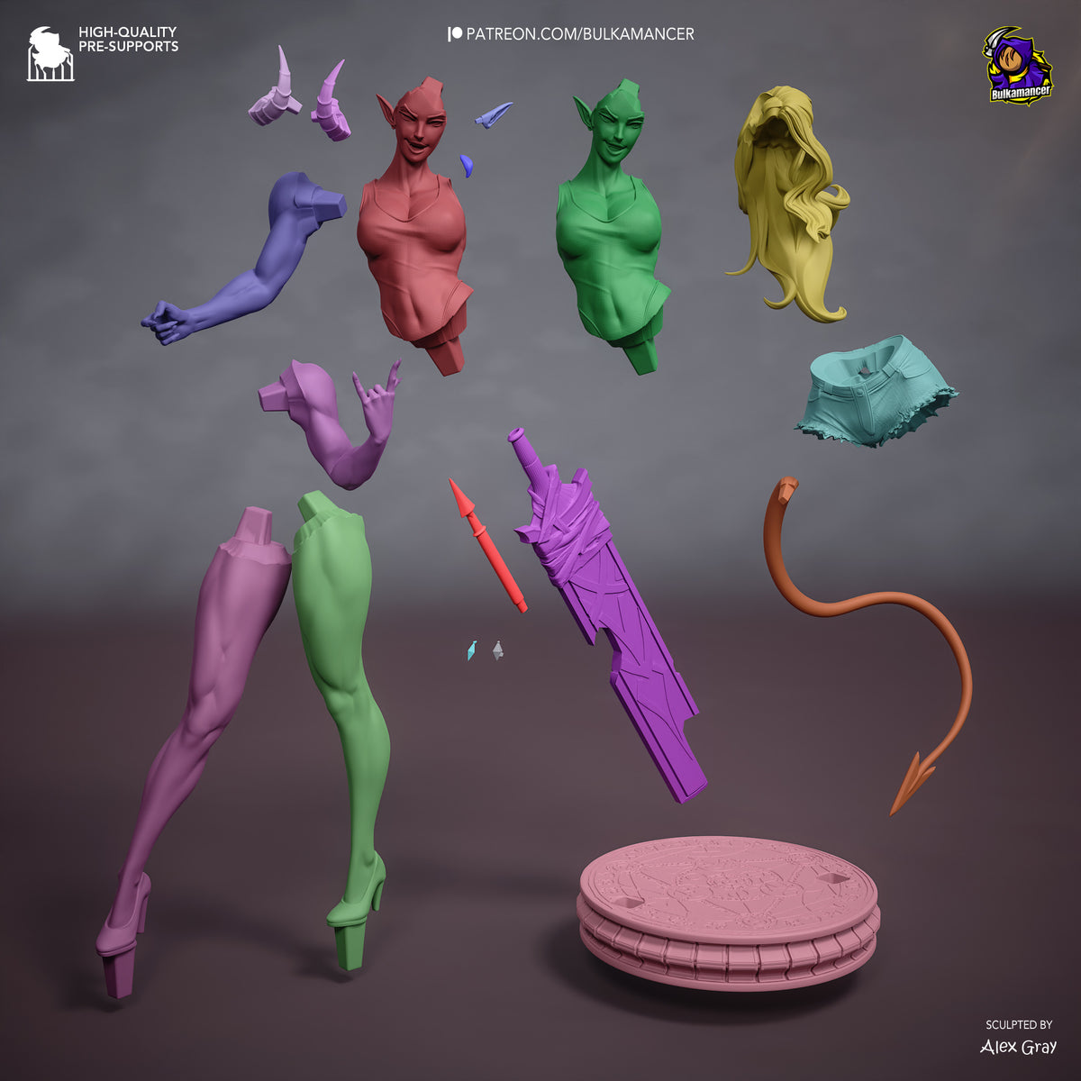 Malevola resin figure parts laid out: four painted torso variants in pink, red, green, and yellow, plus unpainted legs, horns, weapons, hair, tail, and circular base.