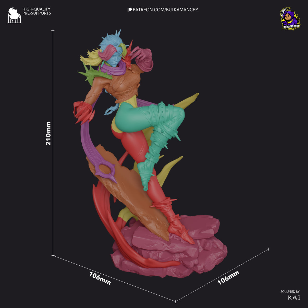 Colorful resin figure of Dark Villain from Super Rivals shown at 210mm height with 100mm base dimensions, displaying dynamic pose with painted details.