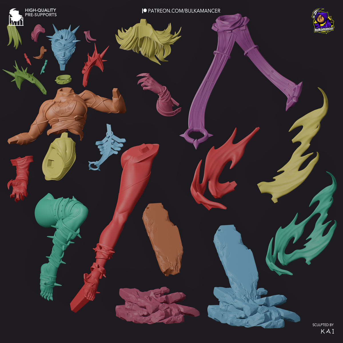 Dark Villain Super Rivals resin figure parts laid out on black background, showing painted torso, head, limbs, weapons, and unpainted accessories in multiple colors.