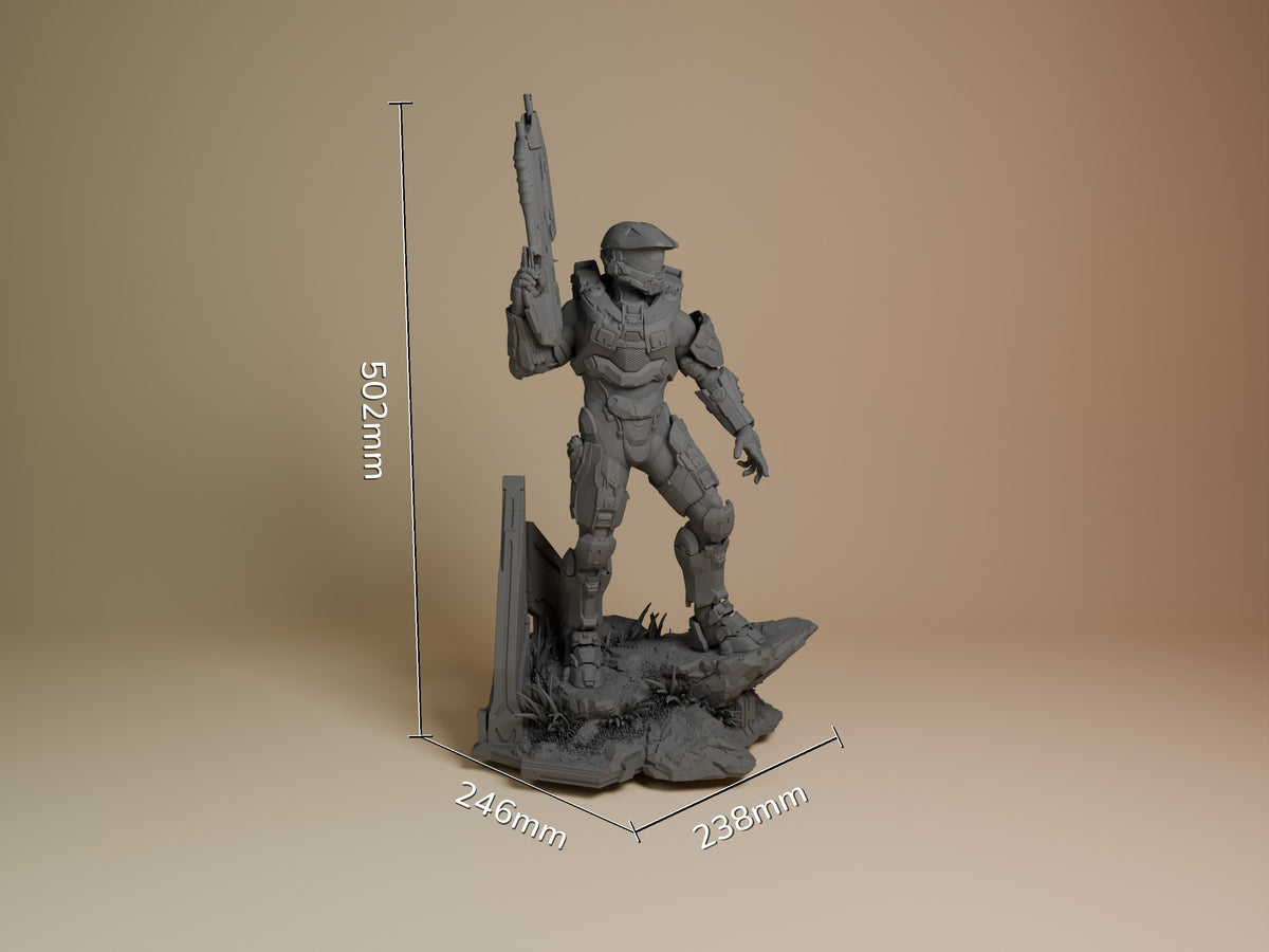 Master Chief resin figure from Halo shown at 502mm height with assault rifle and base, unpainted gray resin, dynamic standing pose with measurement scale.
