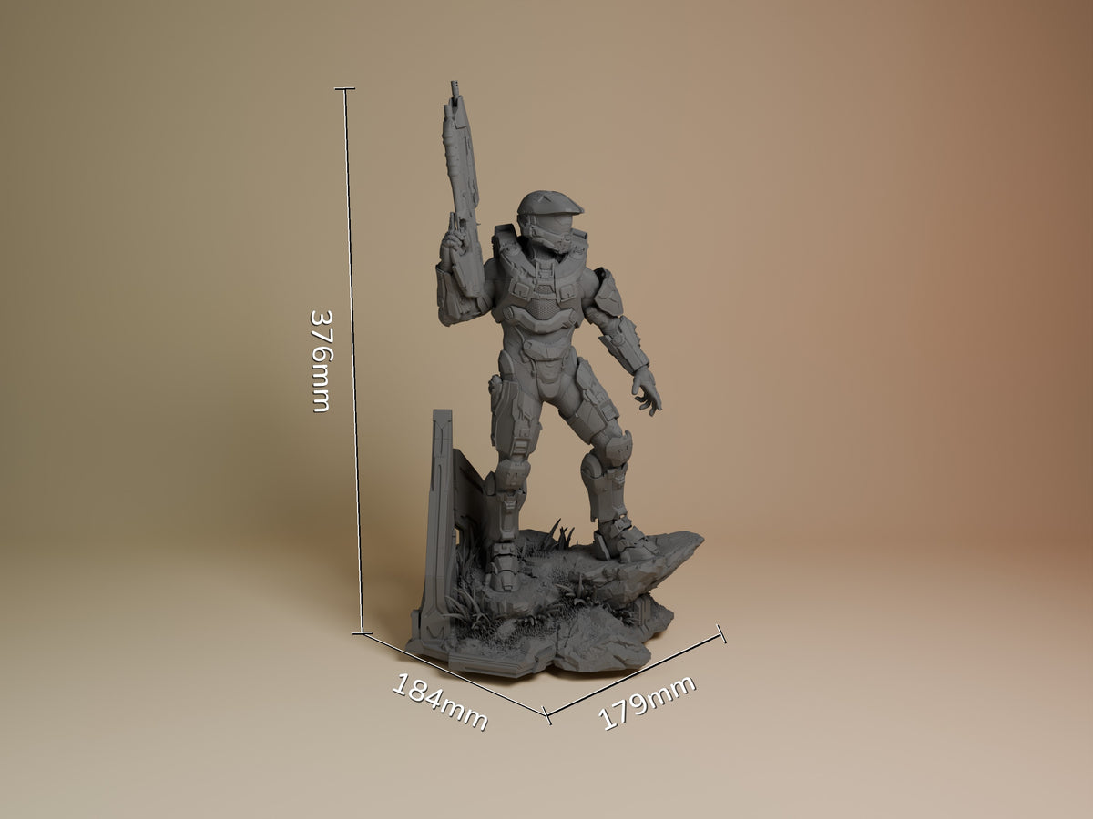 Master Chief resin figure shown at scale with dimensions marked, standing on detailed base in dynamic pose holding rifle, unpainted gray finish.