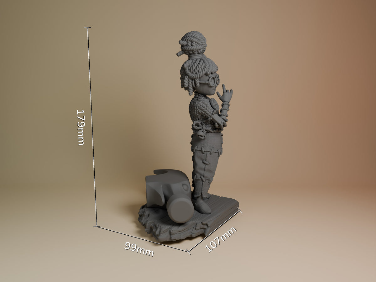 Unpainted gray resin figure of May from Two Are Needed shown from side angle, standing on decorative base with spherical element, 176mm tall.