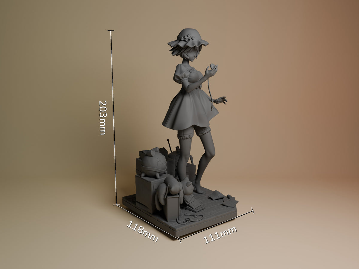 Mayuri Shiina resin figure from Steins;Gate shown from side angle at 203mm height, unpainted gray with detailed base and accessories.