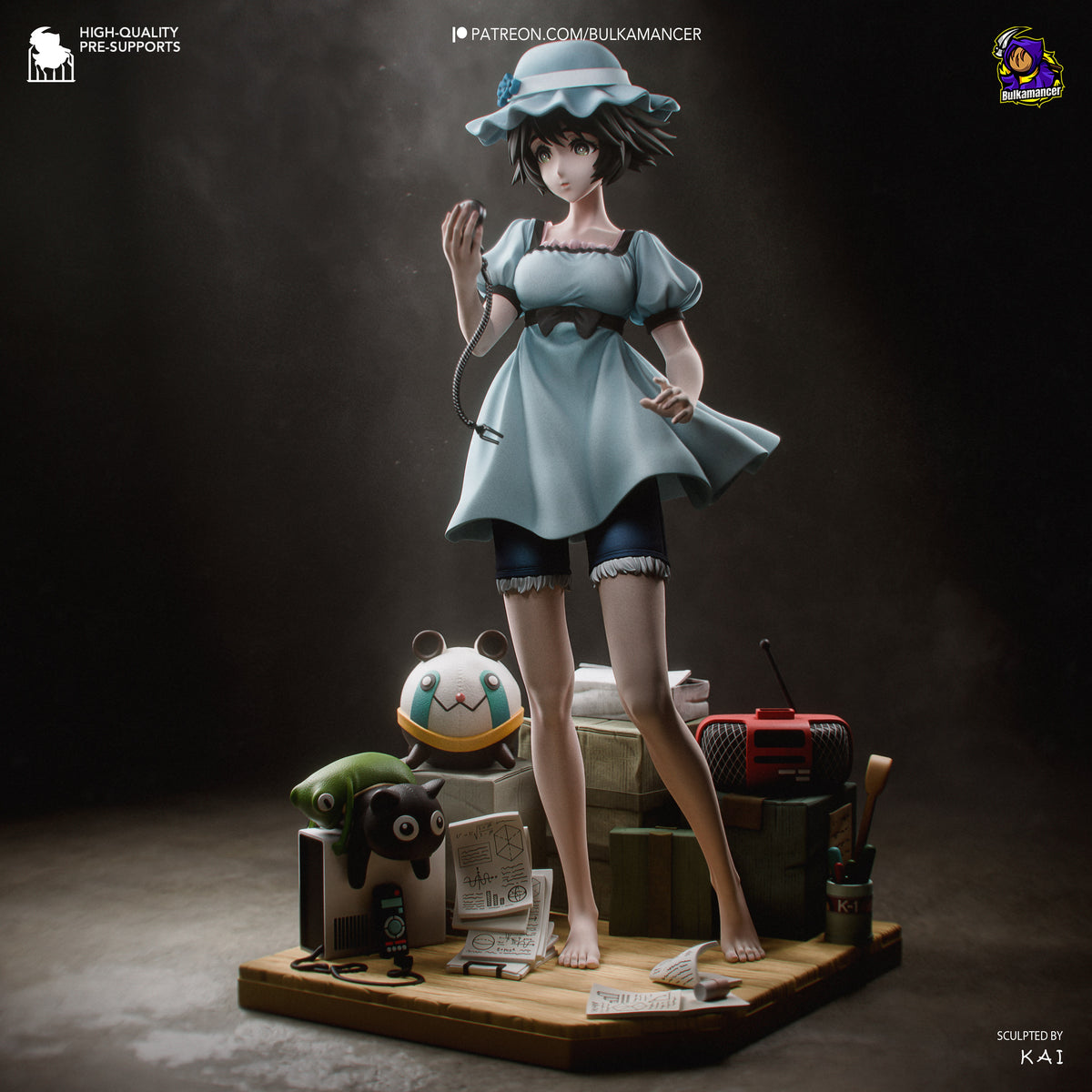 Mayuri Shiina resin figure from Steins;Gate, standing on wooden base with accessories, wearing blue dress and hat, barefoot pose.