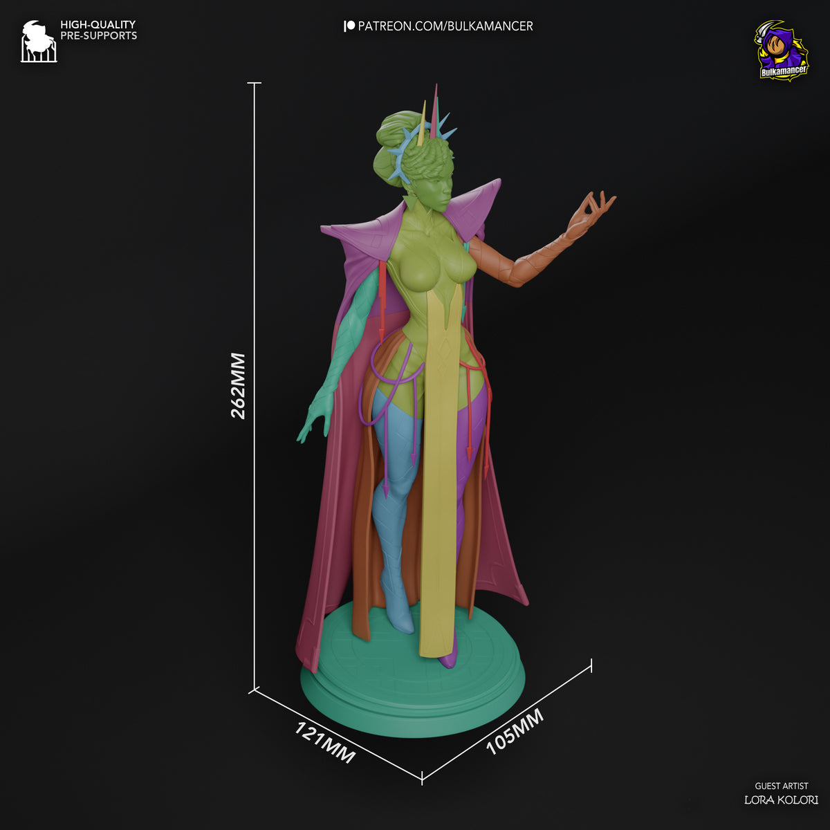 Mel from Arcane resin figure shown at scale, displaying painted details, spiked hair, colorful robes, and dynamic pose on green base.