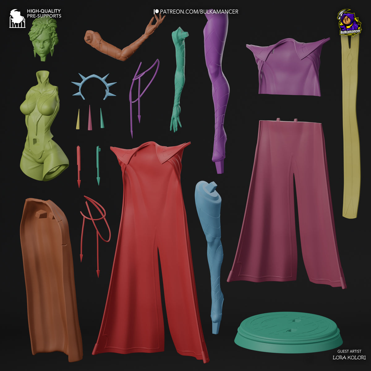 Mel from Arcane 3D printed resin figure parts layout showing painted head, torso, limbs, clothing pieces, accessories, and base on black background.