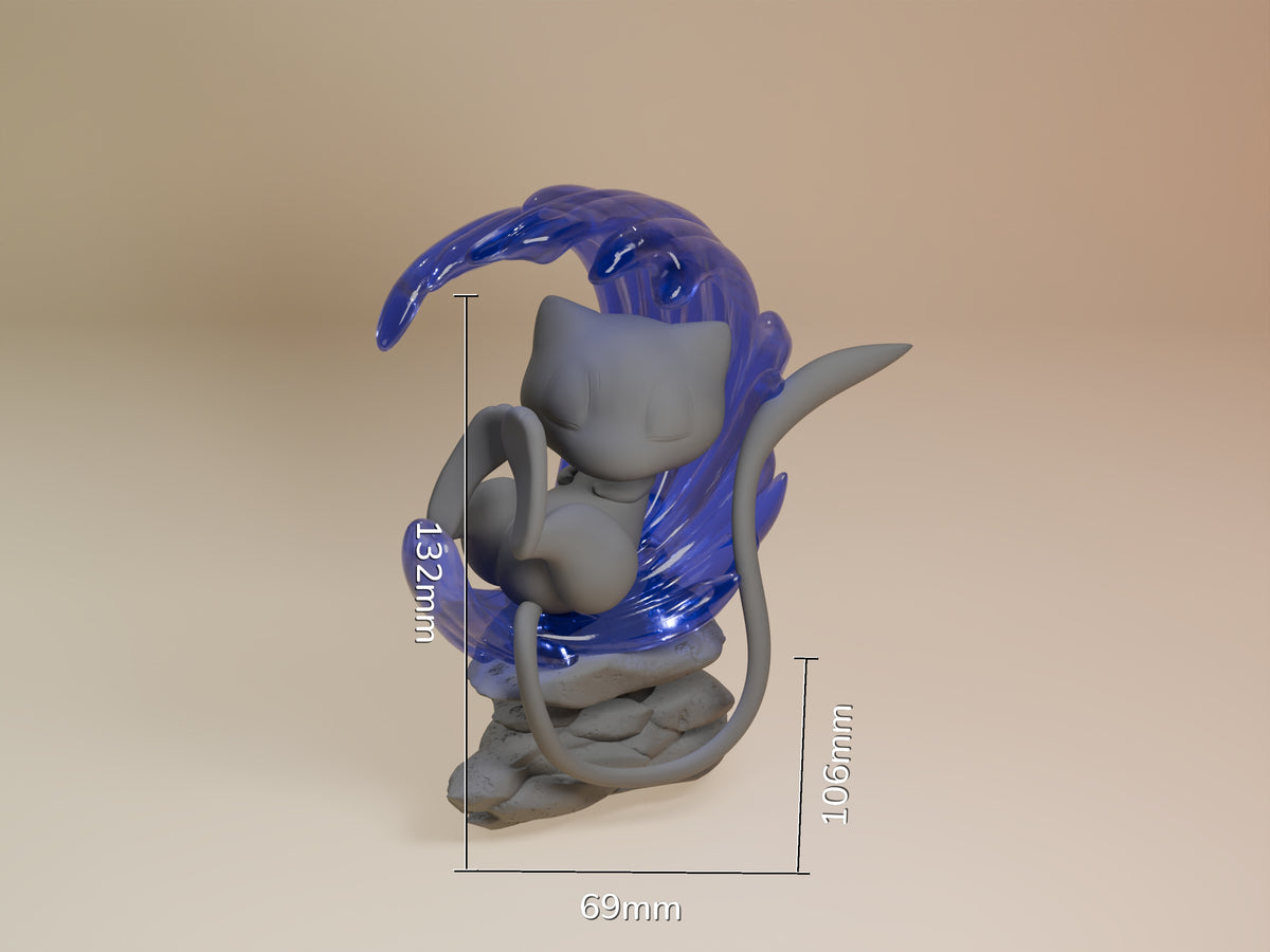 Mew from Pokémon resin figure is shown in a seated pose on a sculpted base, with gray unpainted body, blue tail, and marked .
