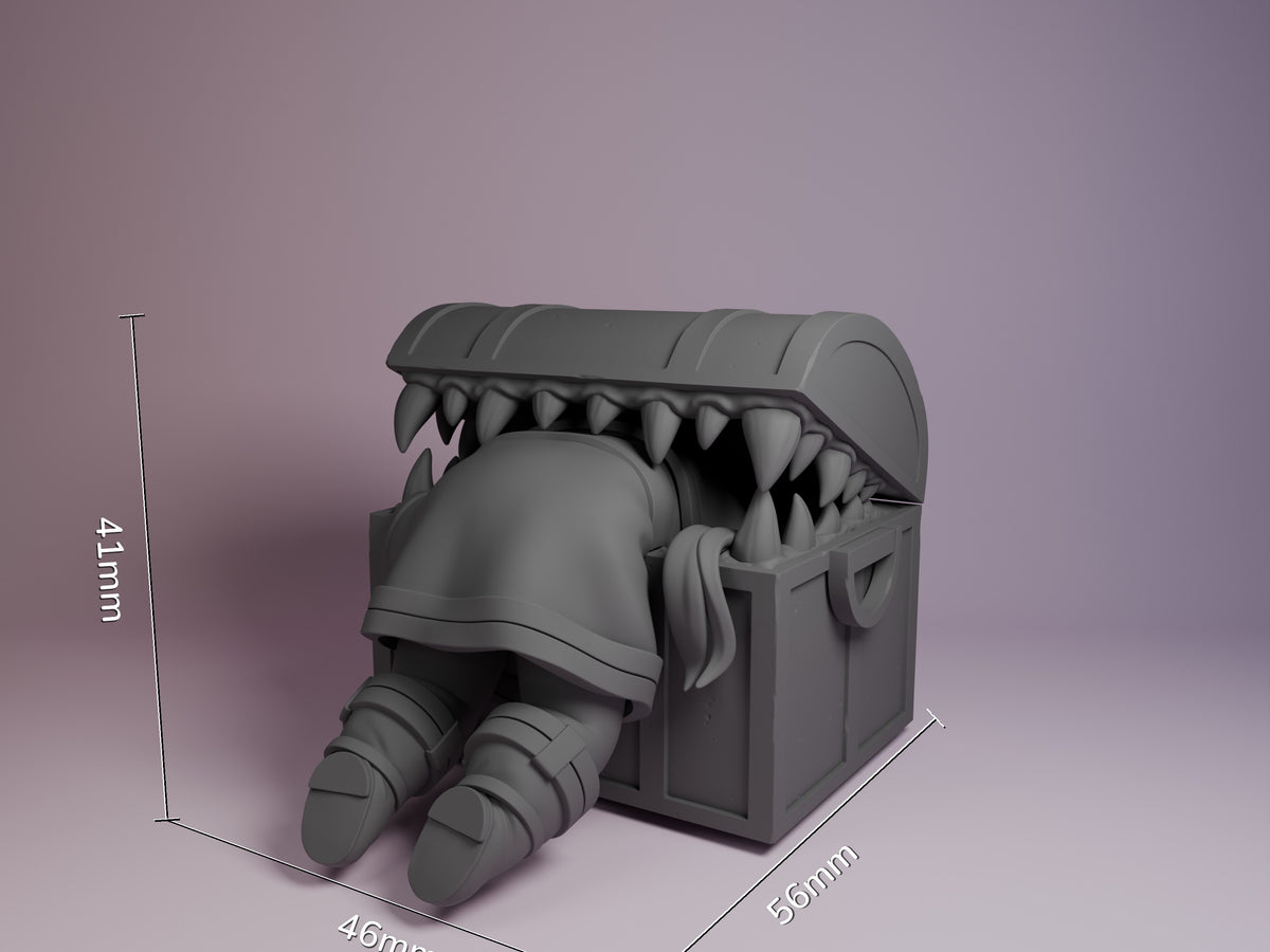 Gray unpainted resin Chibi Mimic Chest figure with open mouth showing teeth, sitting pose with legs extended, scale reference showing 41mm height and 56mm width.