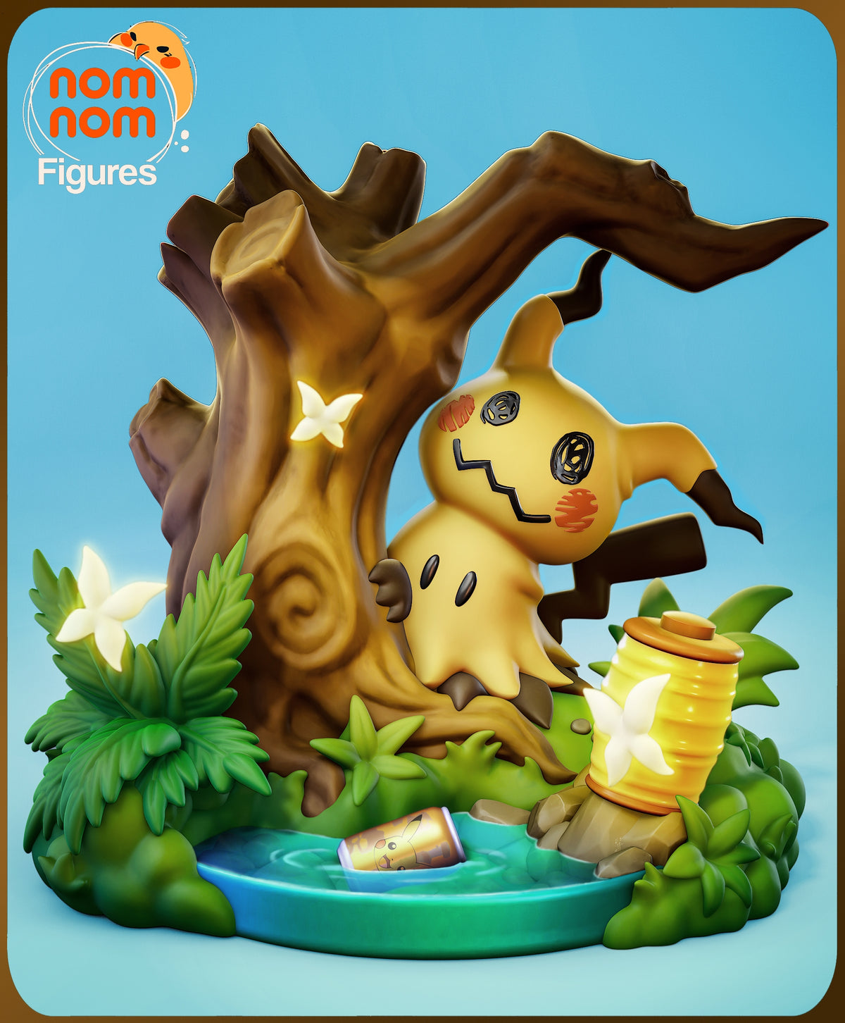 Mimikyu from Pokémon is a painted resin Chibi figure peeking beside a tree on a sculpted pond base.