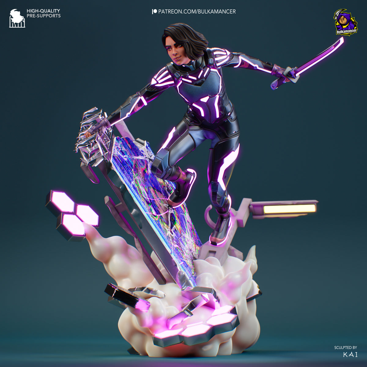 Mio from Split Fiction resin figure in dynamic pose wielding glowing purple sword and gun, detailed base with neon effects, sculpted by KAI.