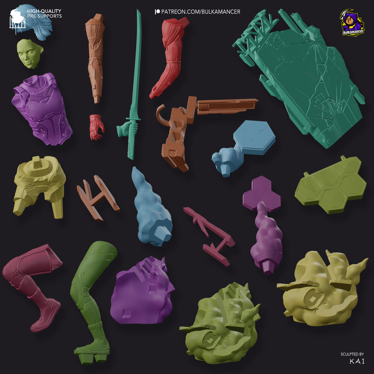 Mio from Split Fiction resin figure parts laid out on black background, showing unpainted and painted components including head, armor, weapons, limbs and accessories in various colors.
