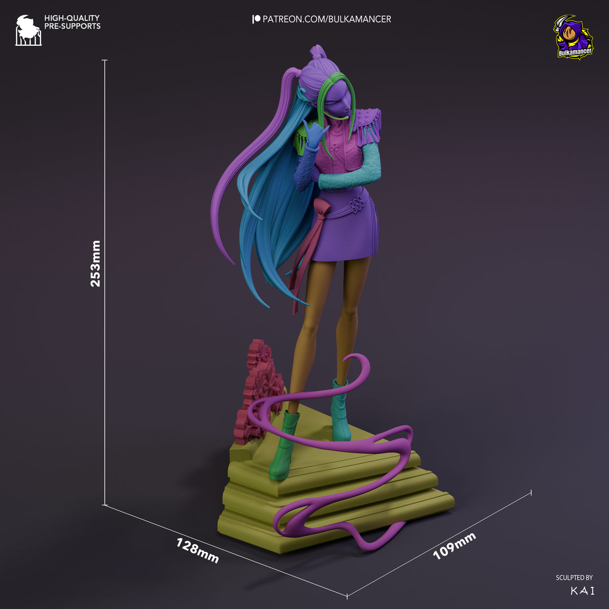 A painted resin diorama shows Mira, Rumi and Zoey from KPop Demon Hunters standing on a sculpted base at 253mm tall.