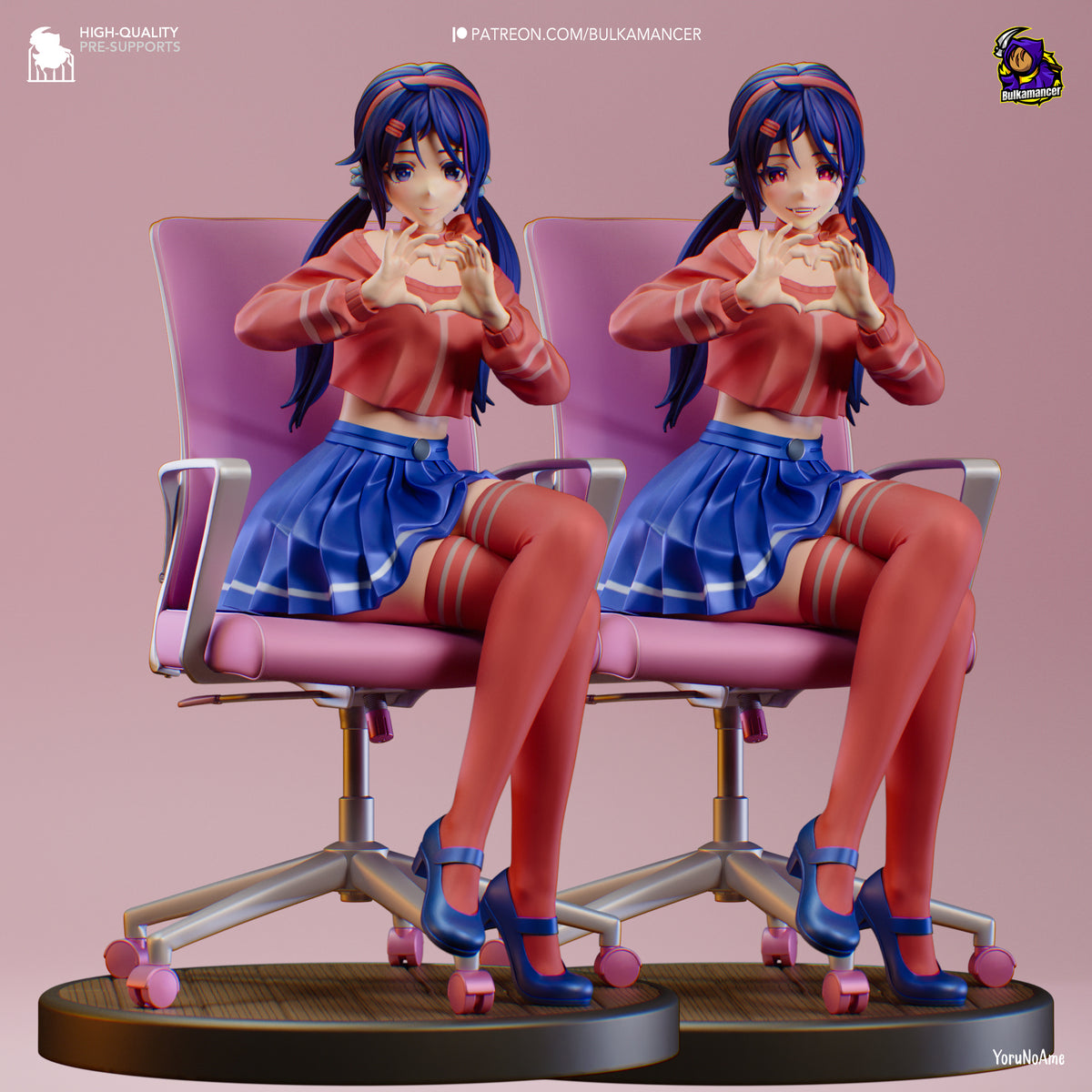 Painted Mita from MiSide resin figure sits front-facing with hands forming a heart on a round base.