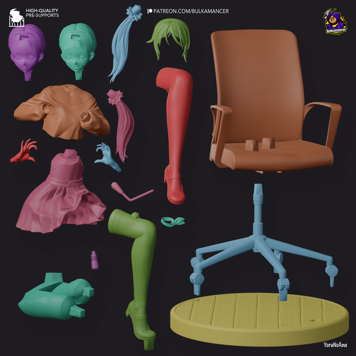 Unpainted Mita from MiSide resin figure parts include clothing, limbs, chair, and sculpted base.
